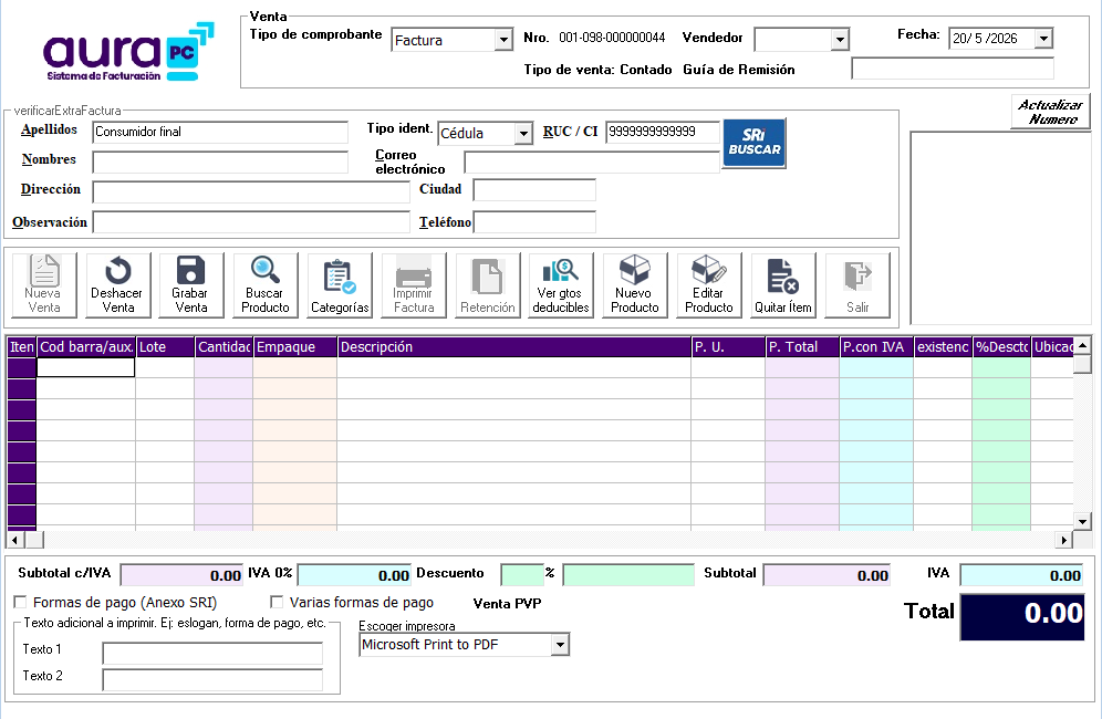 Captura real del sistema Aura PC con datos de ejemplo en la pantalla de ventas